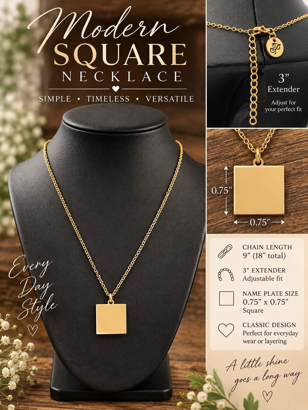 A102. Modern Square Necklace Gold-Tone Square Pendant Necklace